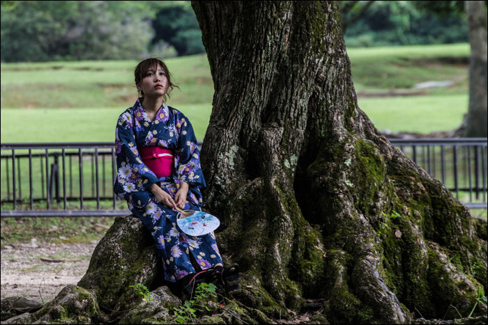 Kimonóban üldögélő hölgy mereng az élet értelmén.